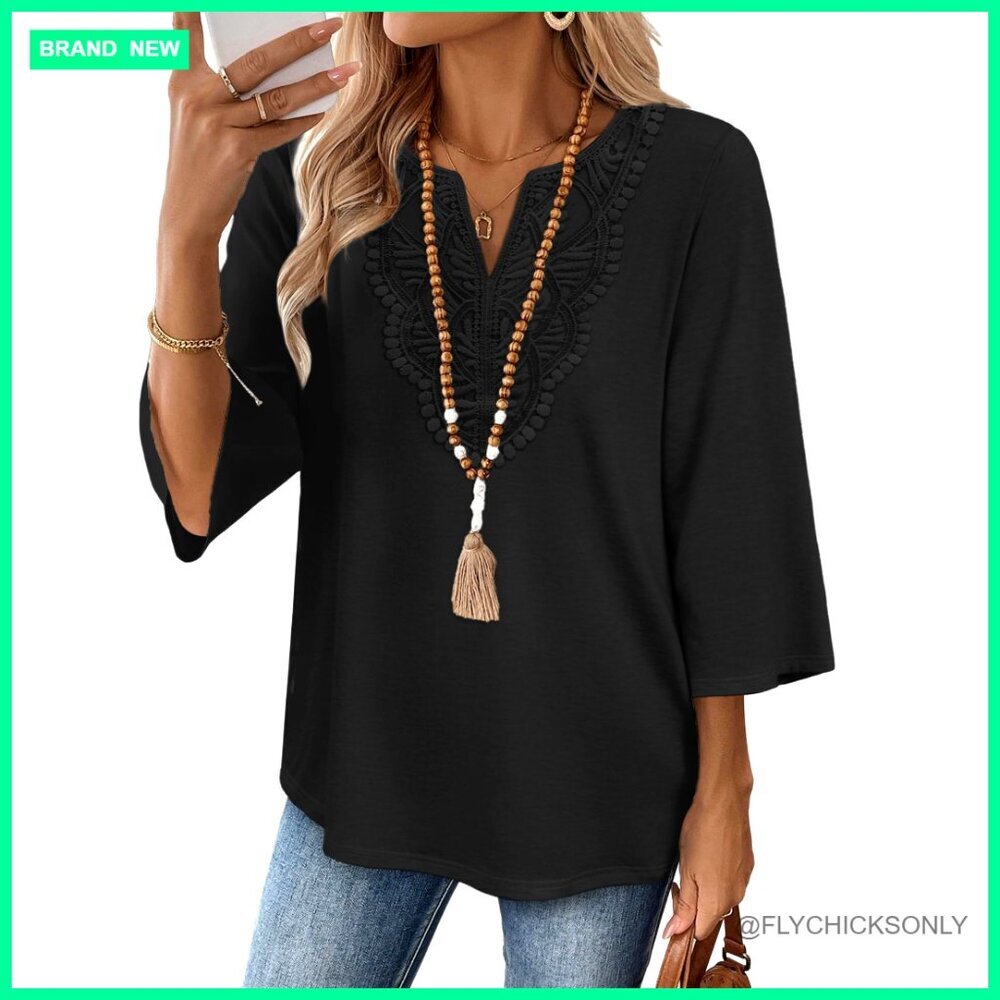 Boho V-Neck Lace Tunic Top 3/4 Sleeve Women's Blouse S-3XL